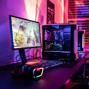 gaming pc setup on desk in room